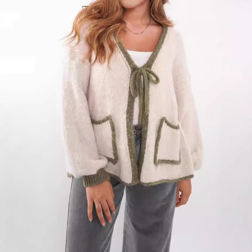 Damen Strickjacke Lässig Kordelzug Elegante Taschen Norvielle