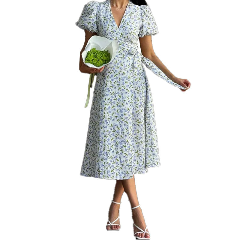 Damen Wickelkleid mit Puffärmeln und Blumenmuster