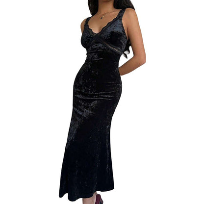 Damen Maxi-Kleid Samt V-Ausschnitt Spaghettiträger