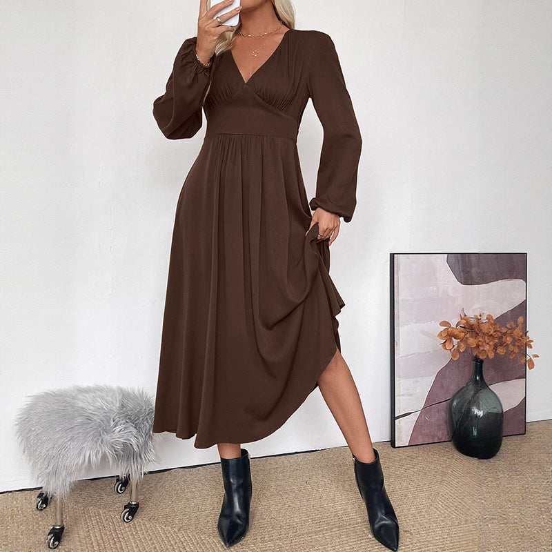 Damen Maxi-Kleid V-Ausschnitt Ballonärmel