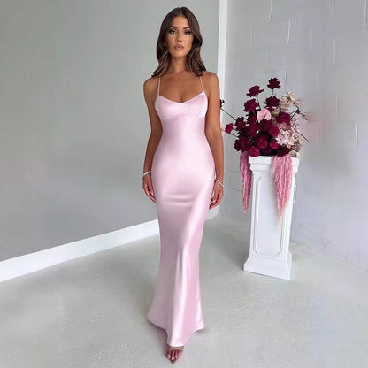 Damen Maxi-Kleid Langarm mit Verstellbaren Trägern Figurbetonter