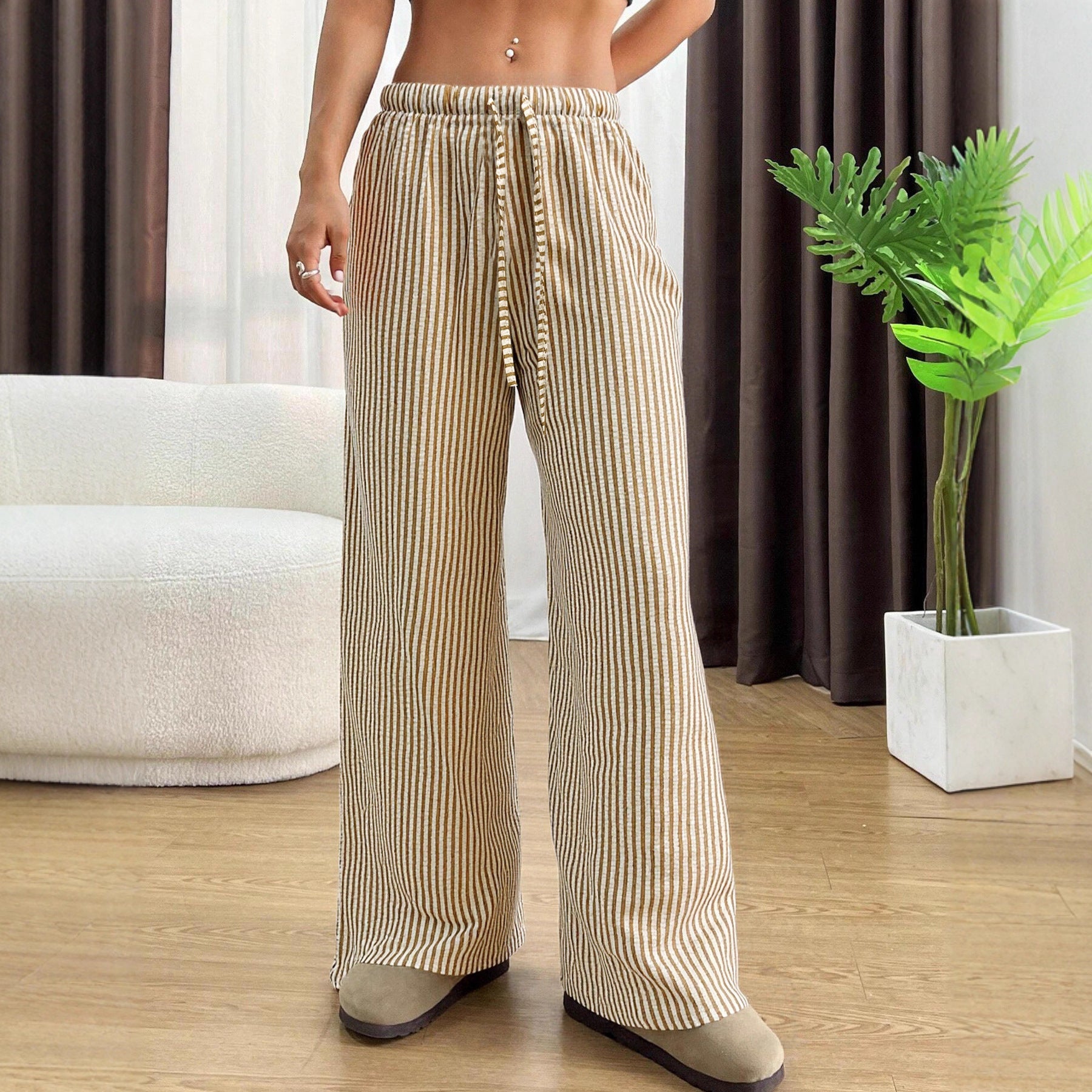 Damen Hohe Bundhose Gestreift Schwarz Weiß - Norvielle
