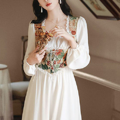 Damen Festkleid Florales Oberteil Länge Lang Ärmel - Norvielle