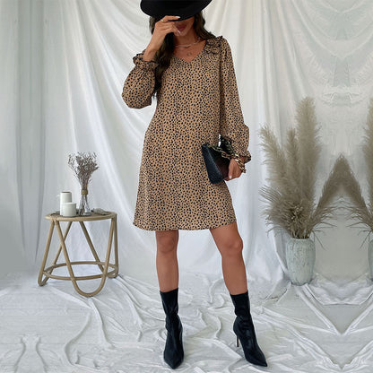 Damen Minikleid Leopardenmuster Rüschendetails Norvielle