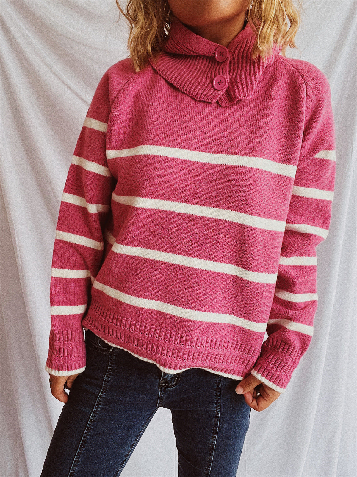 Damen Strickpullover Gestreift Mit Kragen