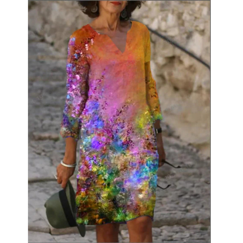 Damen Sommerkleid V-Ausschnitt Bunt Grafikdesign