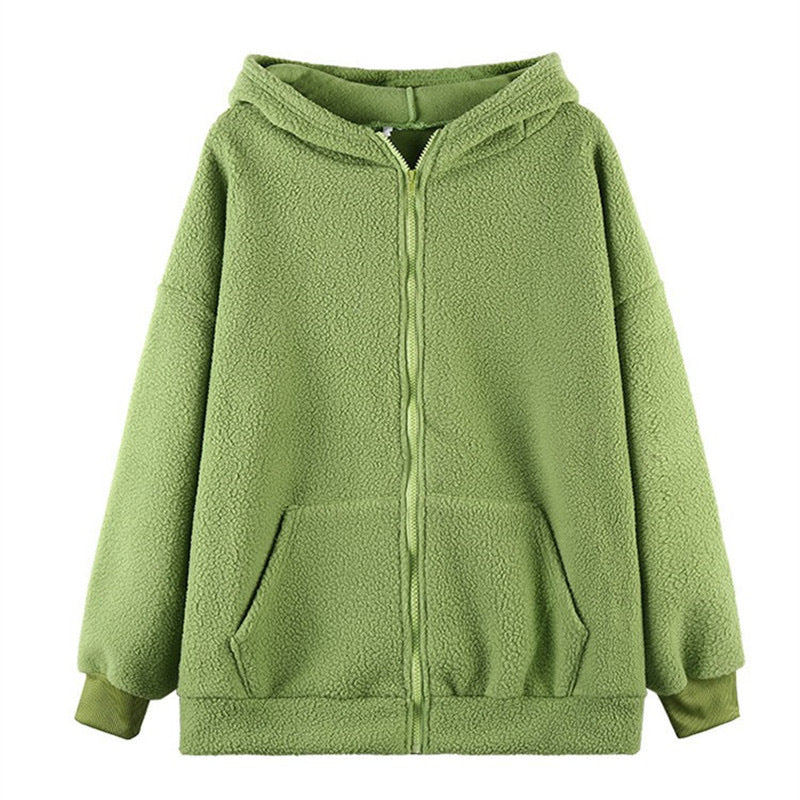 Damen Fleecejacke mit Ohren und Taschen Kuschelig Grün