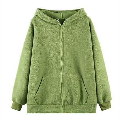 Damen Fleecejacke mit Ohren und Taschen Kuschelig Grün