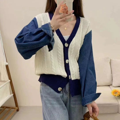 Damen Strickcardigan mit Denim Ärmeln