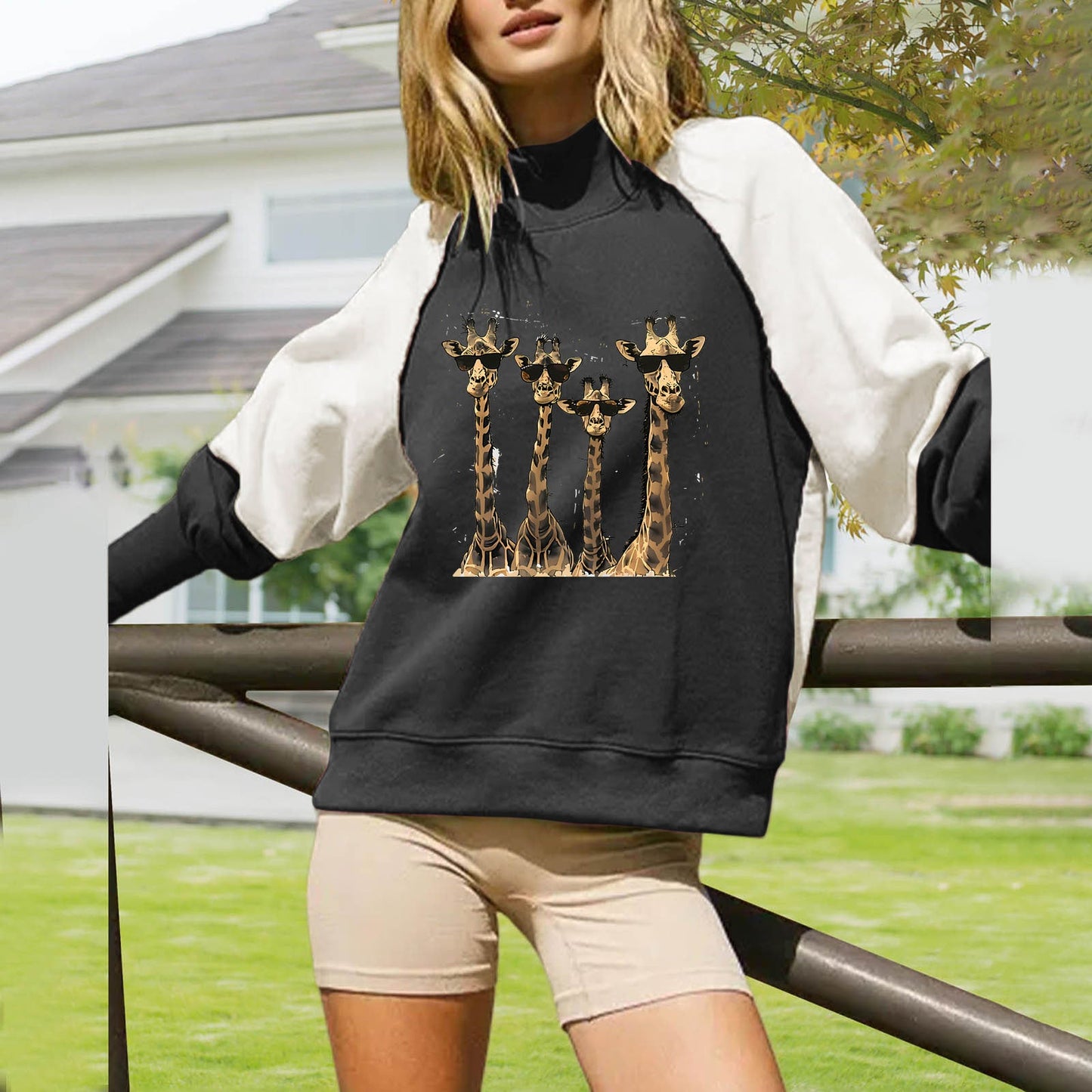 Damen Sweatshirt Giraffenmotiv Baumwolle Grün