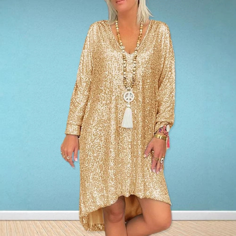 Damen Oversized Kleid V-Ausschnitt Länge Lang Ärmel Glitzernd Schwarz - Norvielle