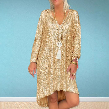 Damen Oversized Kleid V-Ausschnitt Länge Lang Ärmel Glitzernd Schwarz - Norvielle