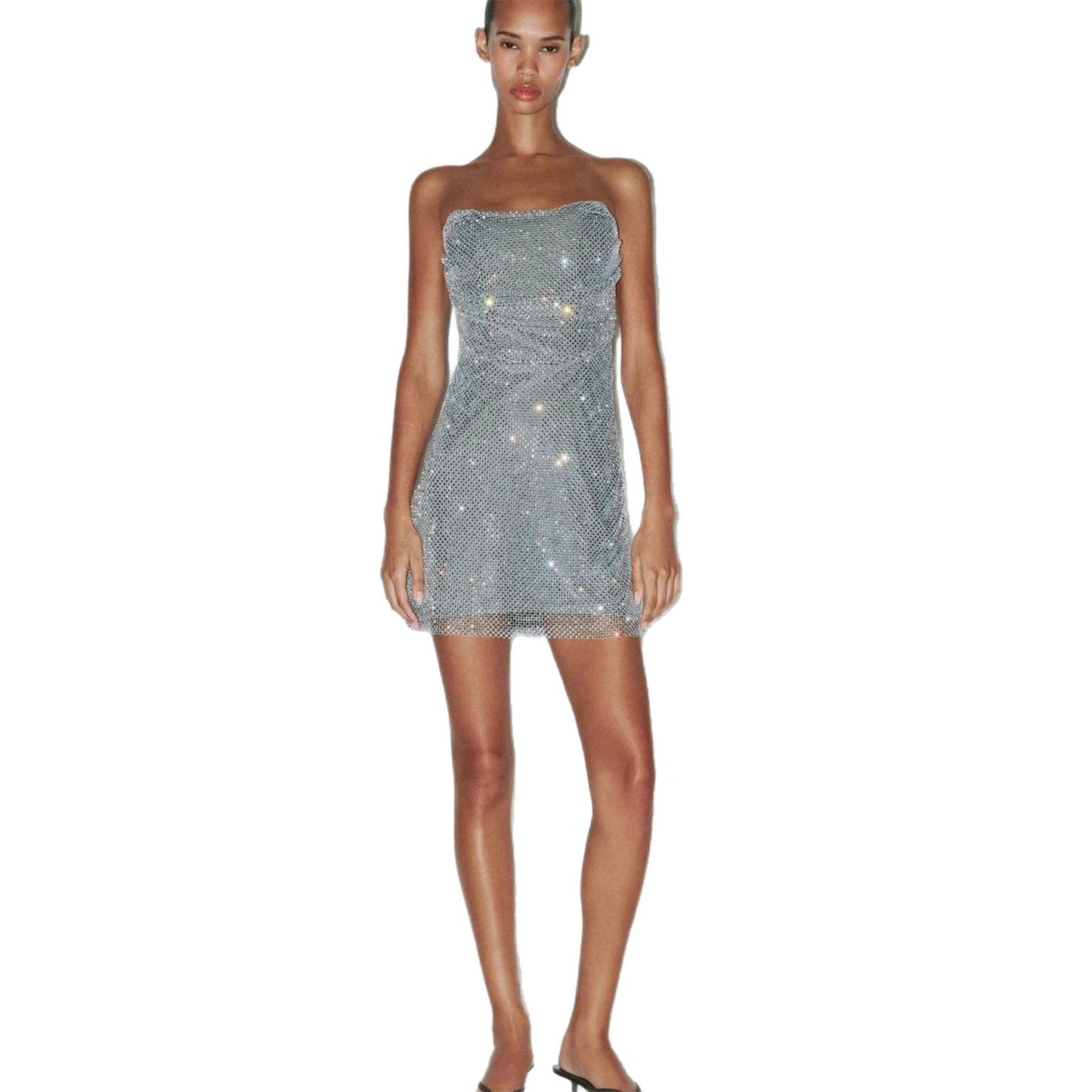 Damen Cocktailkleid Schulterfrei Glitzernd Pailletten