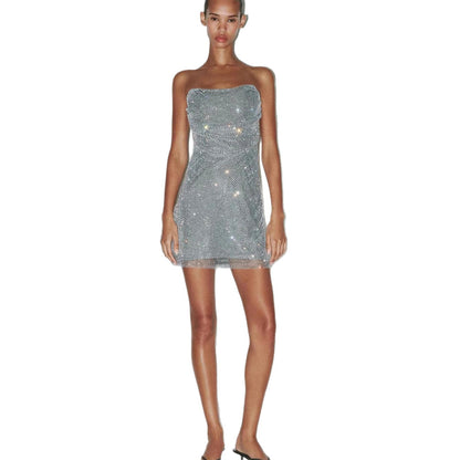 Damen Cocktailkleid Schulterfrei Glitzernd Pailletten