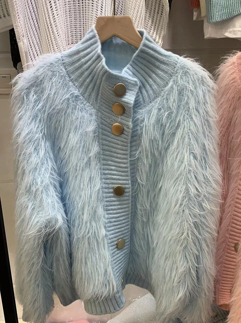 Damen Strickjacke Kuschelig Knopfverschluss Hochkragen Norvielle