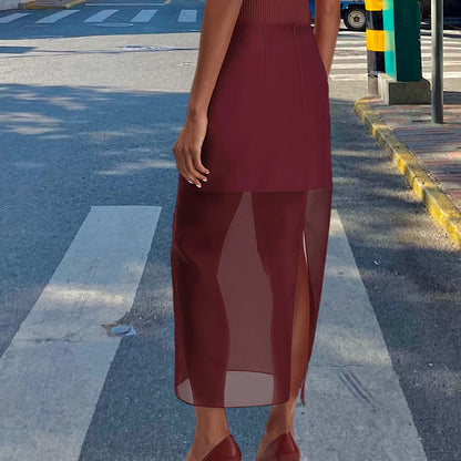 Damen Midi-Rock Durchsichtig Mit Schlitzen Strukturierter Taille