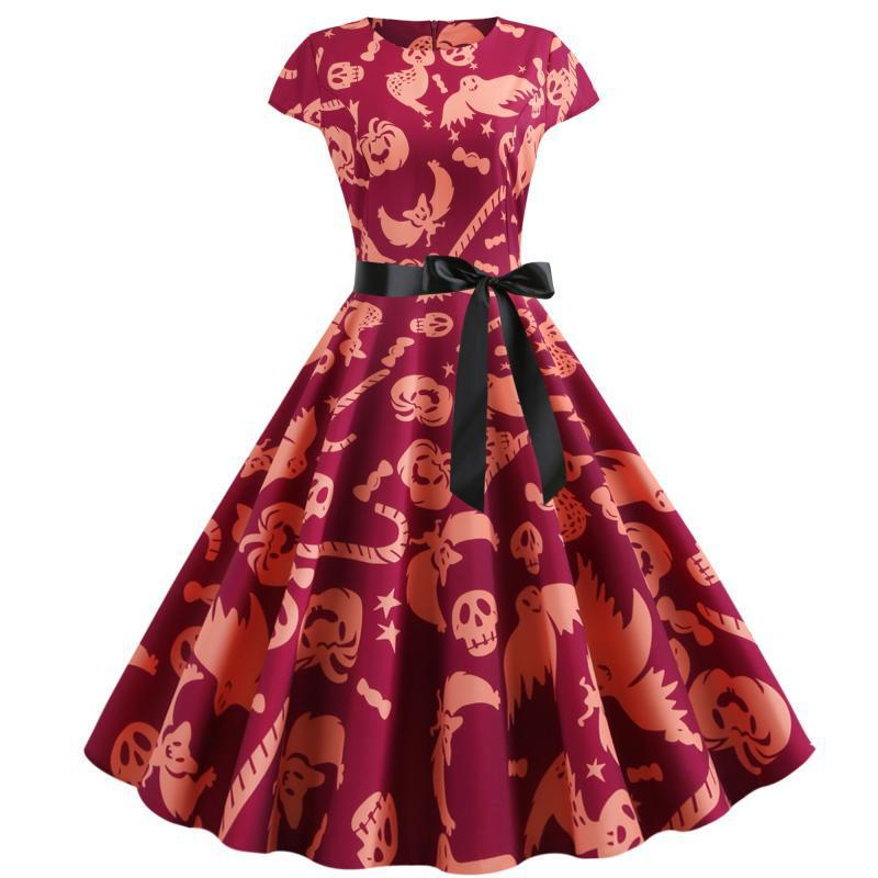 Damen Retro Swingkleid Halloween-Muster Taillengürtel