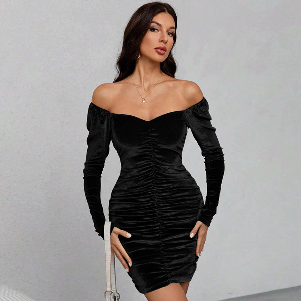 Damen Minikleid Samt Puffärmel Elegant
