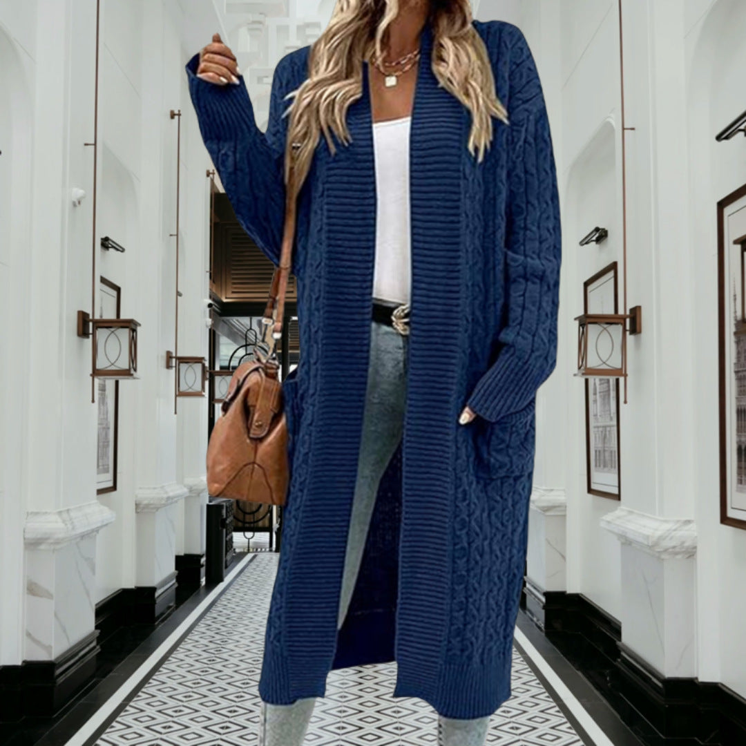 Damen Grobstrick Cardigan Offenes Design Mit Taschen Beige