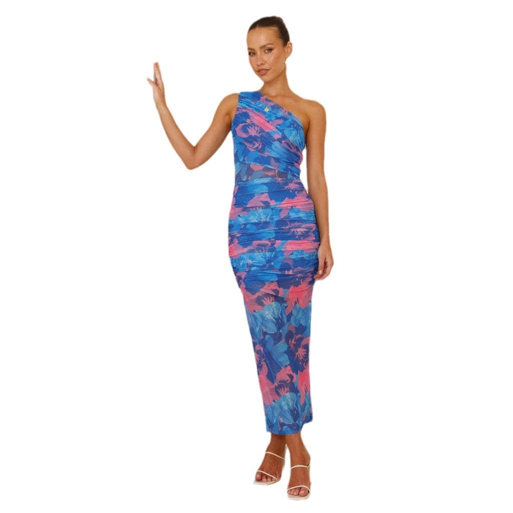Damen Maxikleid Asymmetrischer Träger Blumenmuster