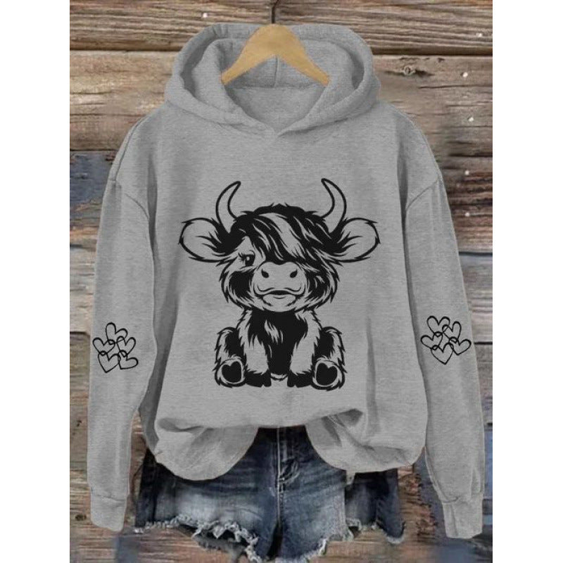 Damen Kapuzensweater Kuhmotiv Baumwolle Kängurutaschen Beige