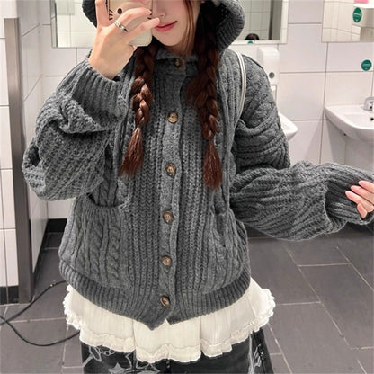 Damen Grobstrickjacke Kapuze Große Taschen Norvielle