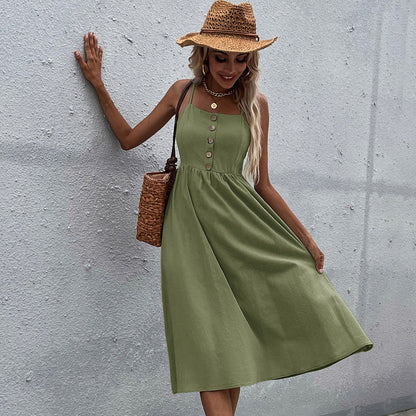 Damen Midi-Kleid Knopfleiste Verstellbare Träger Norvielle