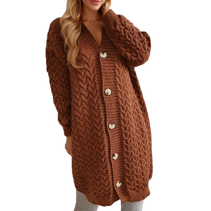 Damen Strickjacke Zopfmuster Große Knöpfe Beige