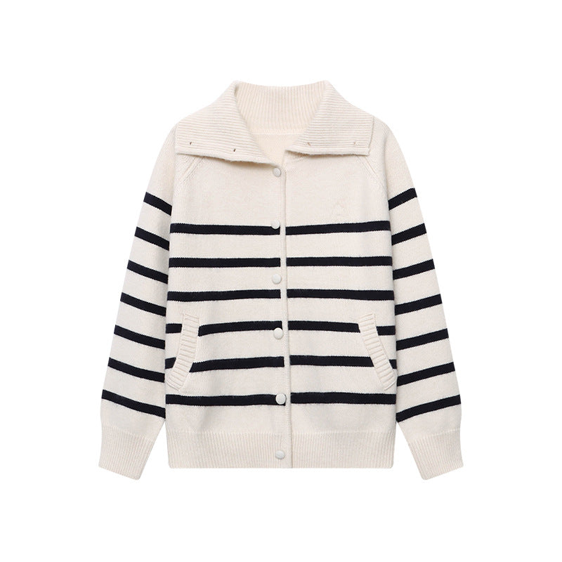 Damen Strickjacke Streifenmuster Kragen Beige