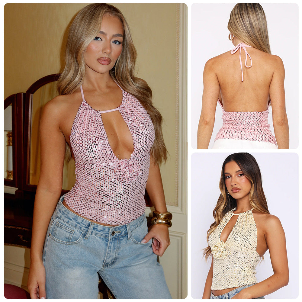 Damen Spitzentop mit Pailletten und Halterdesign Schwarz - Norvielle