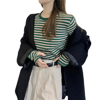 Damen Langarmshirt Streifenmuster Baumwolle Weiß