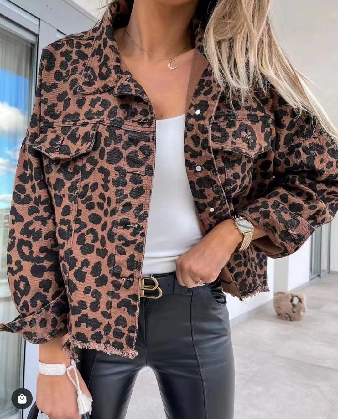 Damen Leoparden-Jeansjacke Oversized Französische Säume