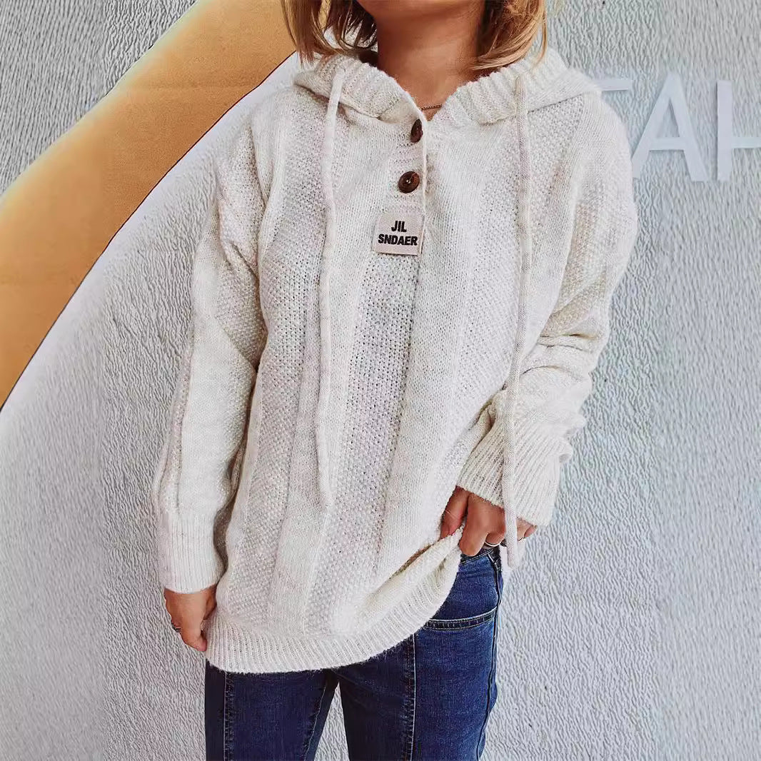 Damen Hoodie Knopfleiste Strickdesign Beige