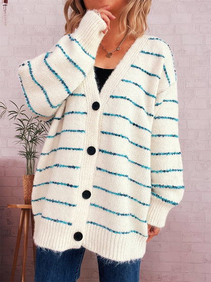Damen Strickcardigan Streifenmuster Große Knöpfe Beige