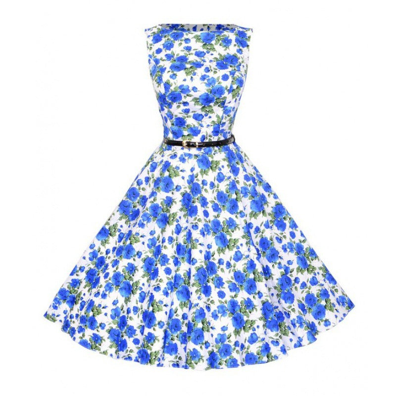 Damen A-Linien Kleid Floralmuster Taillengürtel