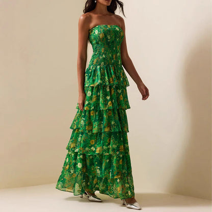Damen Maxikleid Langärmlig Voluminöse Rüschen Florales Design