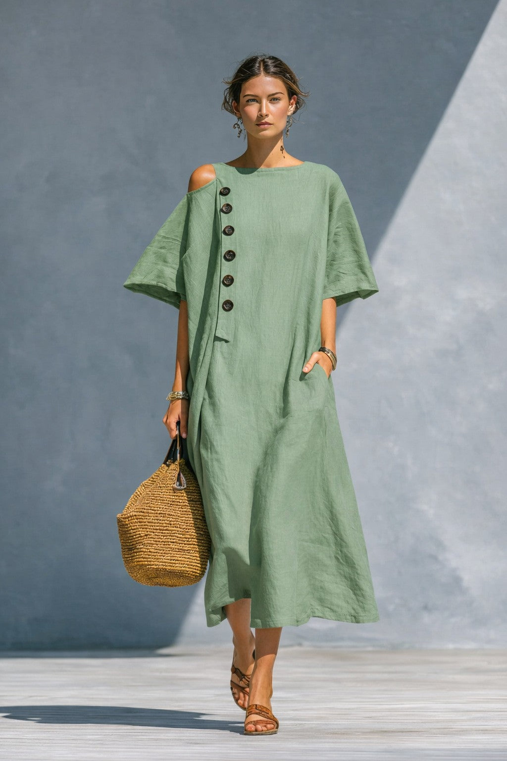 Damen Oversize Langarmkleid Asymmetrischer Ausschnitt Knöpfe