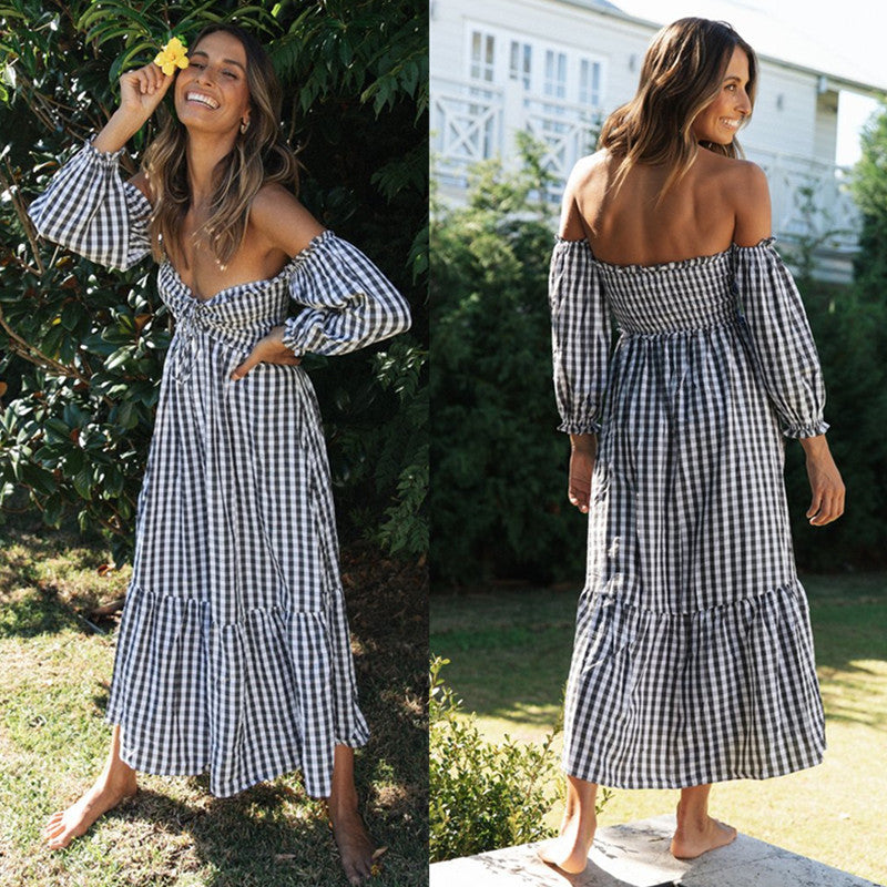 Damen Midi-Kleid Puffärmel Karomuster