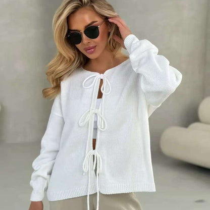 Damen Strickpullover Weit Schnitt Dekorative Schnürung Beige