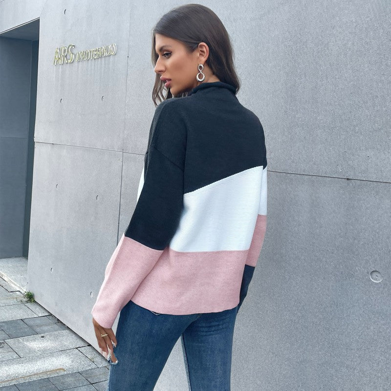 Damen Strickpullover Farbblock-Design Hochkragen