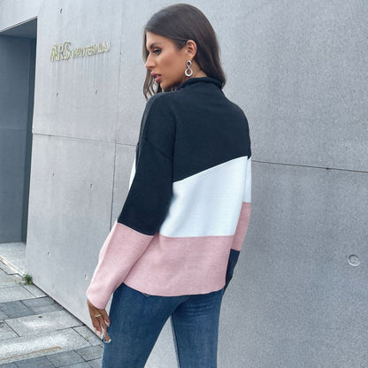Damen Strickpullover Farbblock-Design Hochkragen