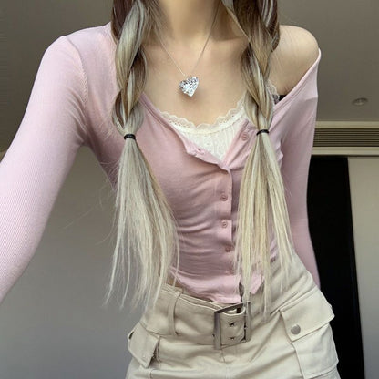 Damen Langarmshirt Cropped mit Knöpfen und Raffitäschchen