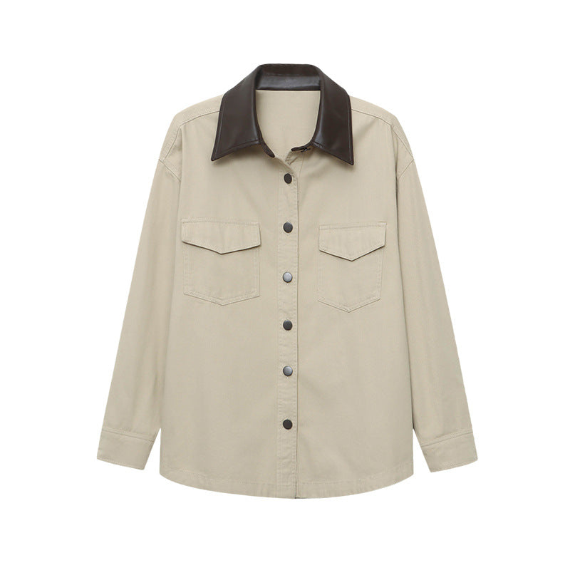 Damen Utility-Hemdjacke Kontrastkragen Praktische Taschen Norvielle