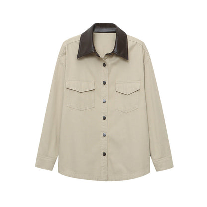Damen Utility-Hemdjacke Kontrastkragen Praktische Taschen Norvielle