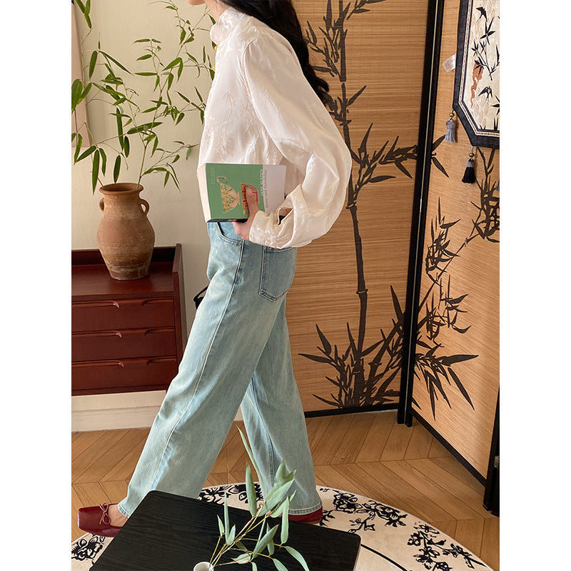 Damen Bluse Florale Stickerei Raffinierte Knöpfe Blume