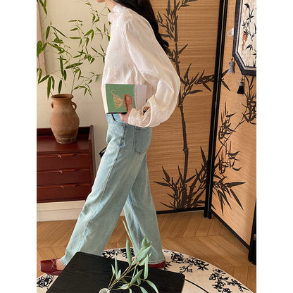 Damen Bluse Florale Stickerei Raffinierte Knöpfe Blume