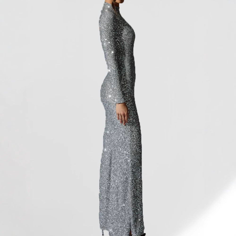 Damen Abendkleid Langarm Schimmernder Schlitz Norvielle