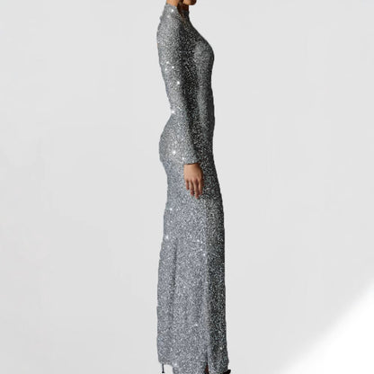 Damen Abendkleid Langarm Schimmernder Schlitz Norvielle