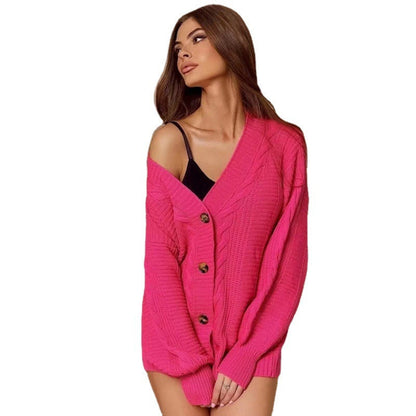 Damen Strickjacke V-Ausschnitt Große Knöpfe Norvielle
