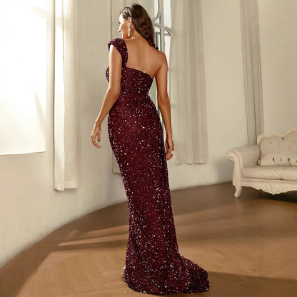 Damen Abendrobe Pailletten Hochschlitz Schulterfrei Norvielle